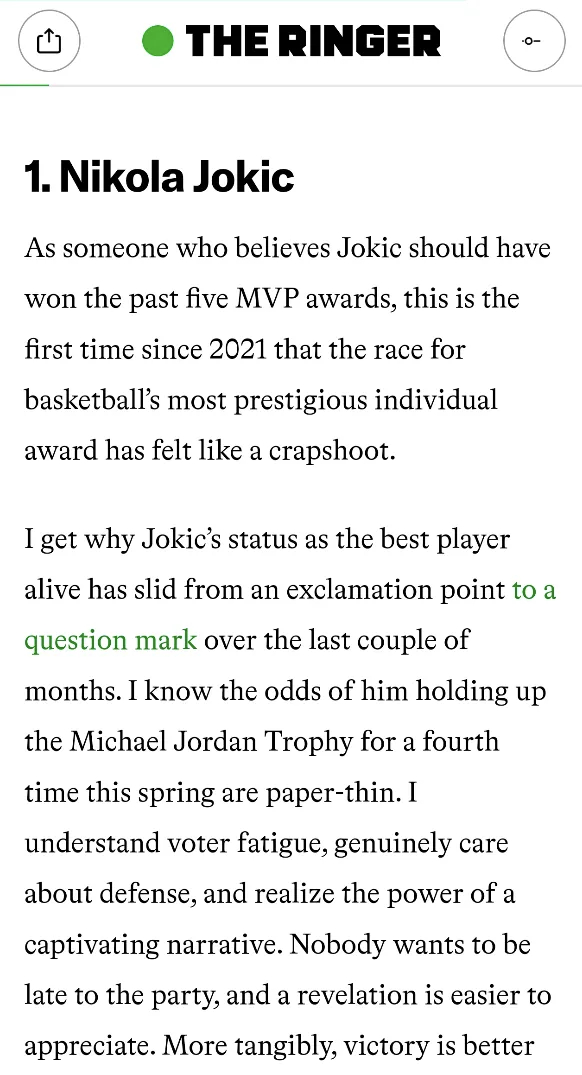 Ringer的记者Michael Pina更新文章，提前透露自己本赛季MVP投票