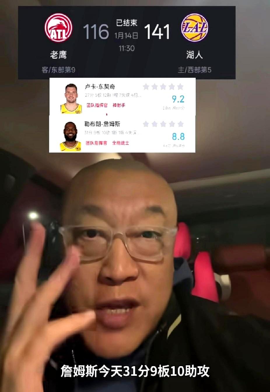 41岁詹姆斯背靠背干出31+9+10，湖人141-116虐老鹰25分。
 

全