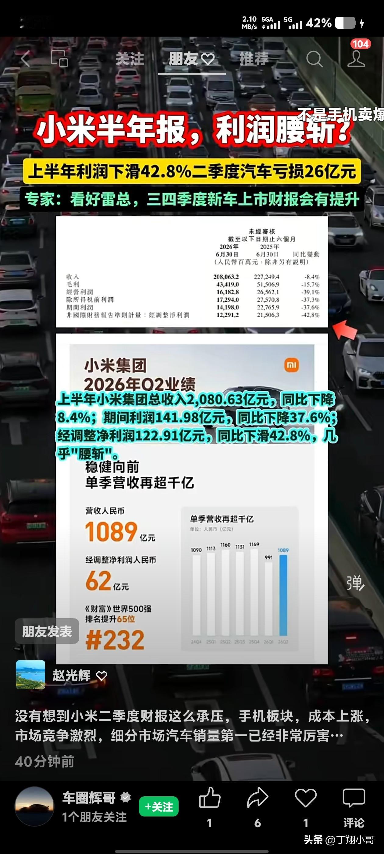 小米集团上半年营收跟利润都大幅下滑，其中汽车业务在二季度亏损26亿，这个亏损度好