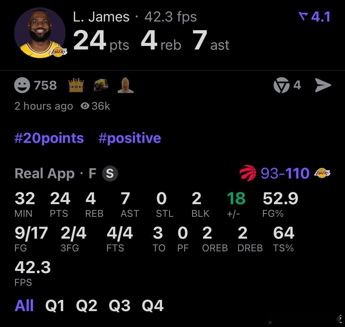 詹姆斯赛季第2次背靠背，贡献24分4板7助2帽，投篮17中9👍🏻进入2026