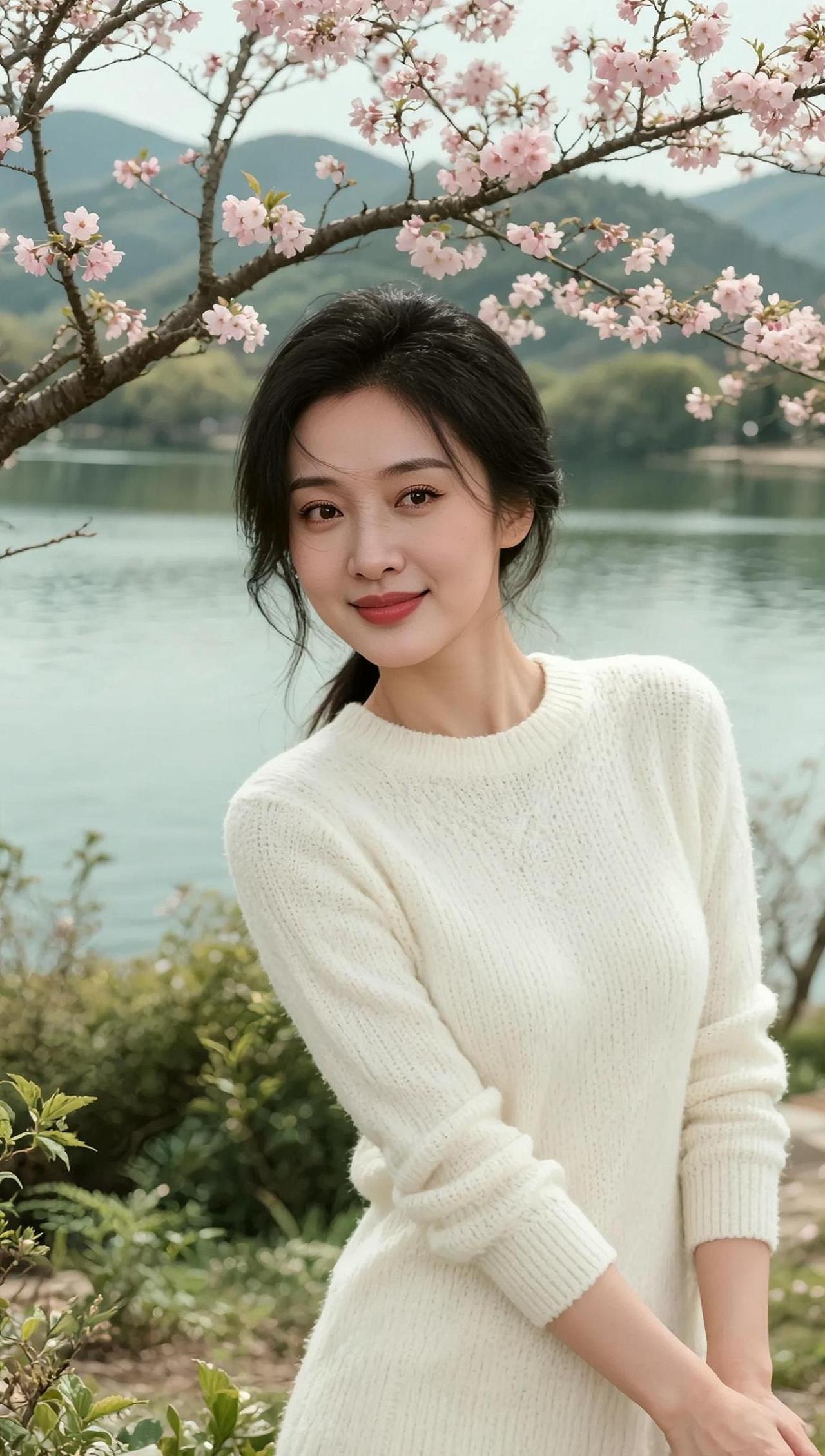 AI春日湖畔照 随变ai随便玩 裸妆 神仙妆容 白衬衫搭配精致妆容