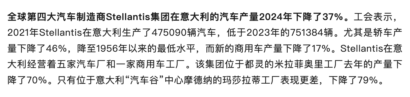 有时候数据就是那么赤裸裸。全球第四大的汽车制造商Stellantis，在意大利的