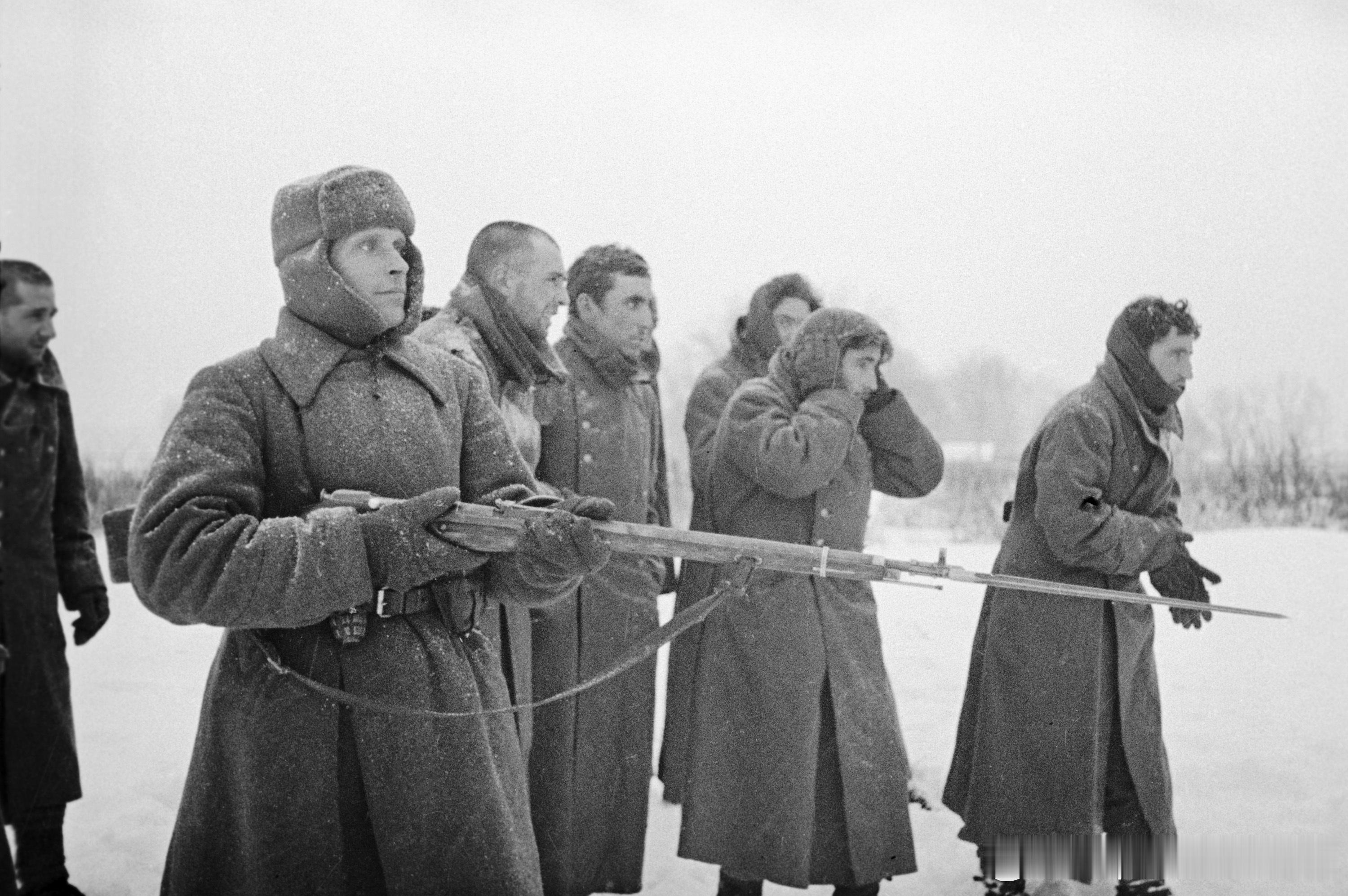 1941年12月苏军1名士兵在列宁格勒押送德军第250步兵师西班牙俘虏，该师被称