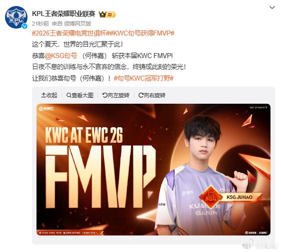太厉害了！句号打野节奏拉满，多次打出关键团战，稳稳拿下本次KWC总决赛FMVP！
