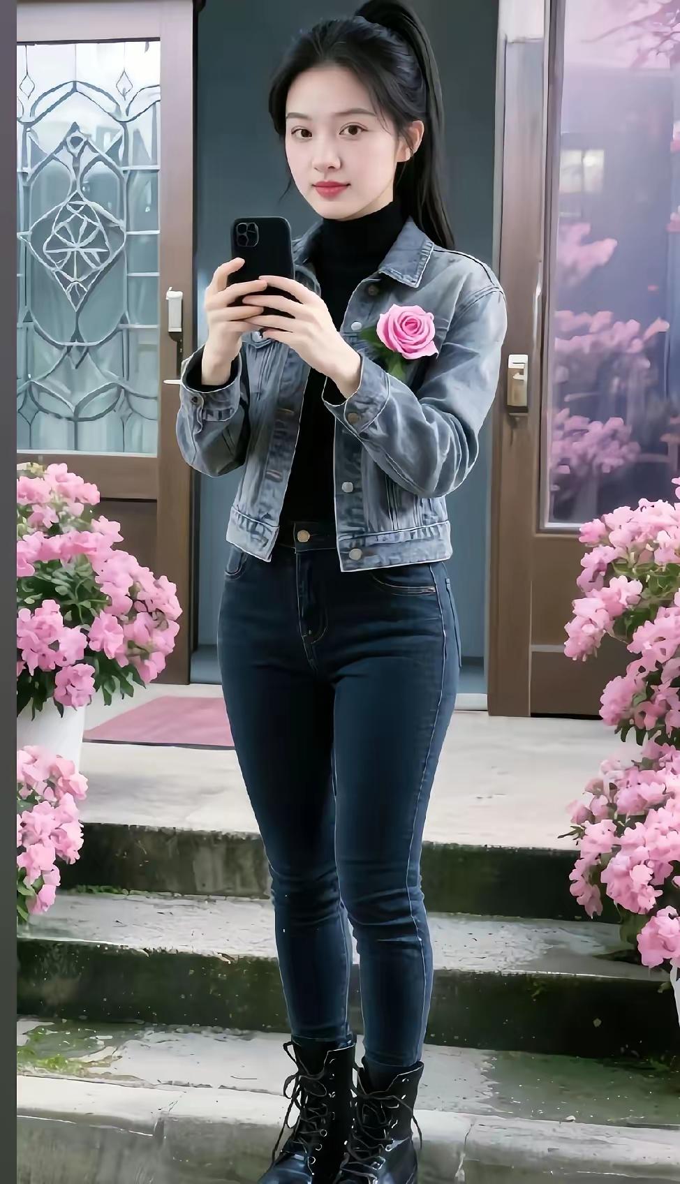 牛仔外套+黑色高领衫，搭配粉色玫瑰，时尚又甜美！🌸👗👢