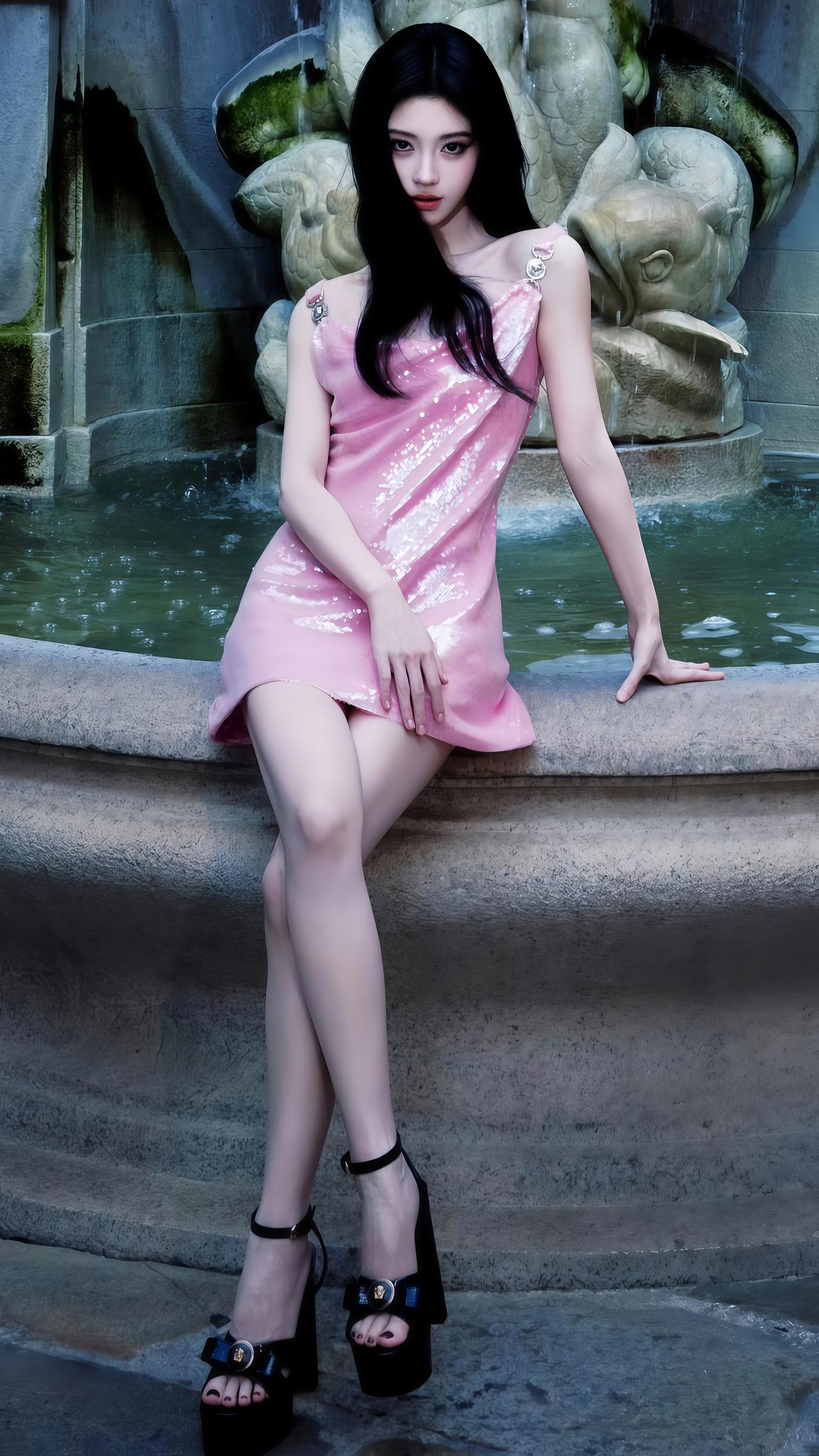 刷到鞠婧祎这组图，瞬间被美晕！冷白皮衬着蜜桃粉，喷泉边的松弛感，甜酷风直接长在审