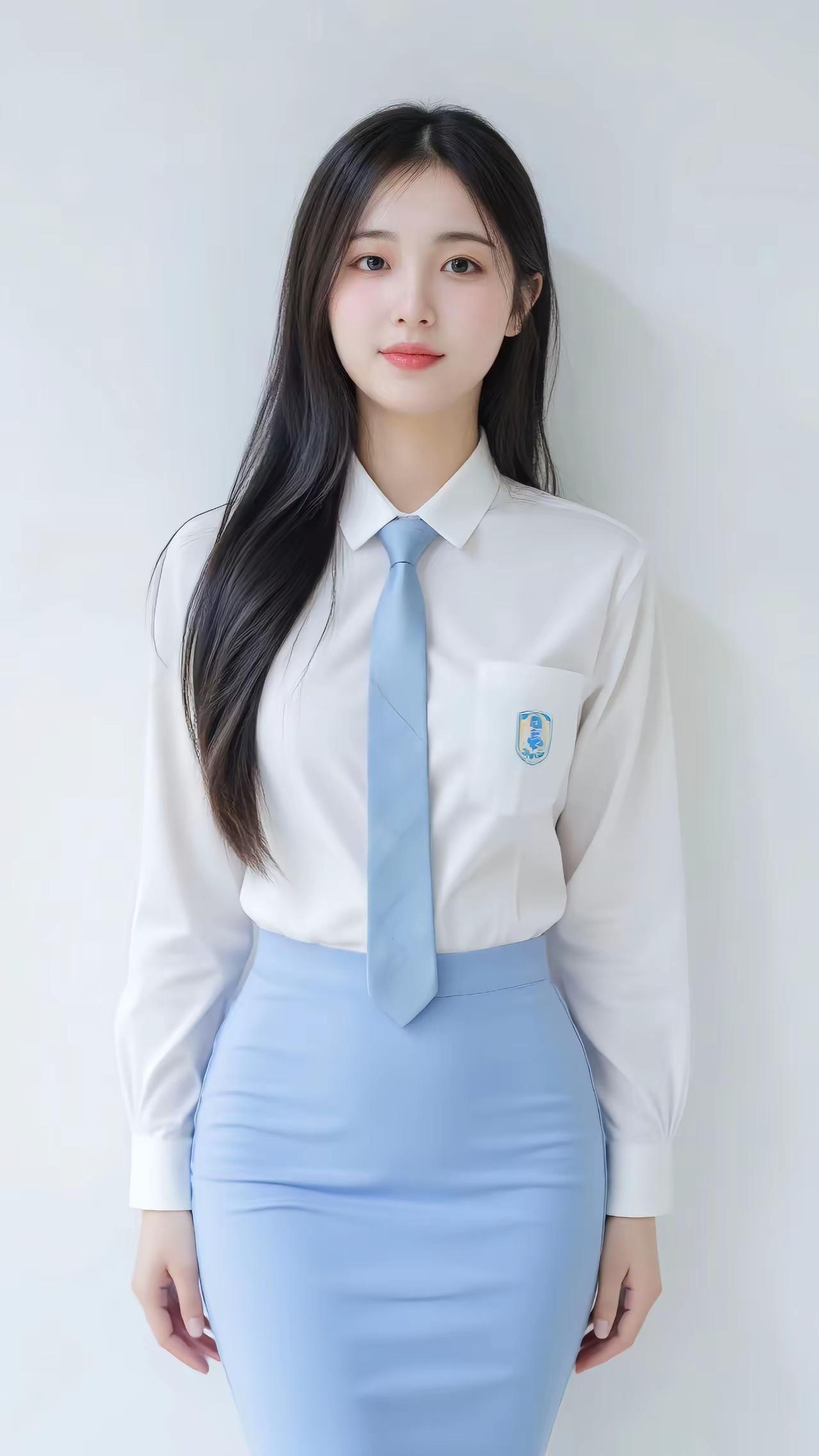 清新校园风穿搭，白色衬衫+蓝色领带，元气少女感十足！