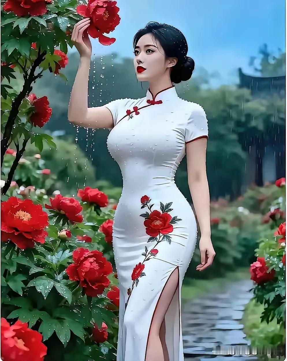 身穿旗袍就是美
既束腰來又露腿
身顯苗條還賢惠
风情万种沾妩媚