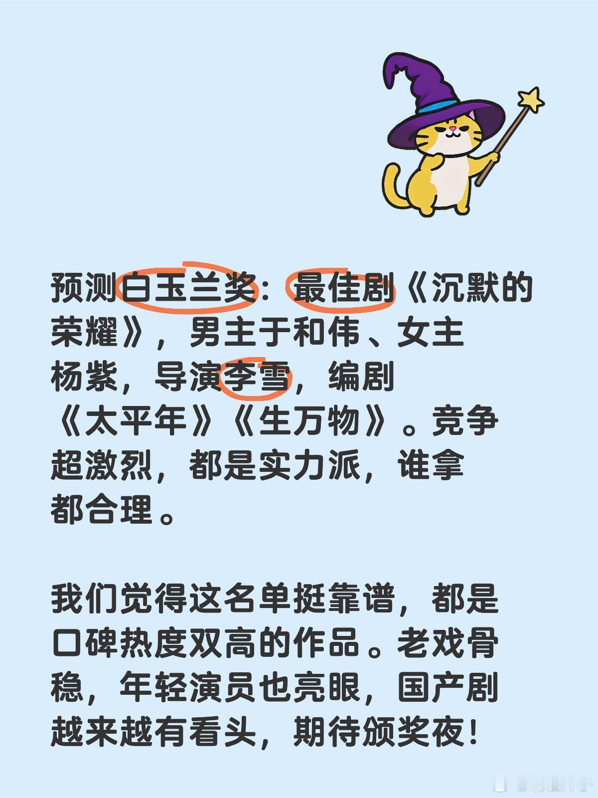 预测白玉兰得奖名单预测白玉兰奖：最佳剧《沉默的荣耀》，男主于和伟、女主杨紫，导演