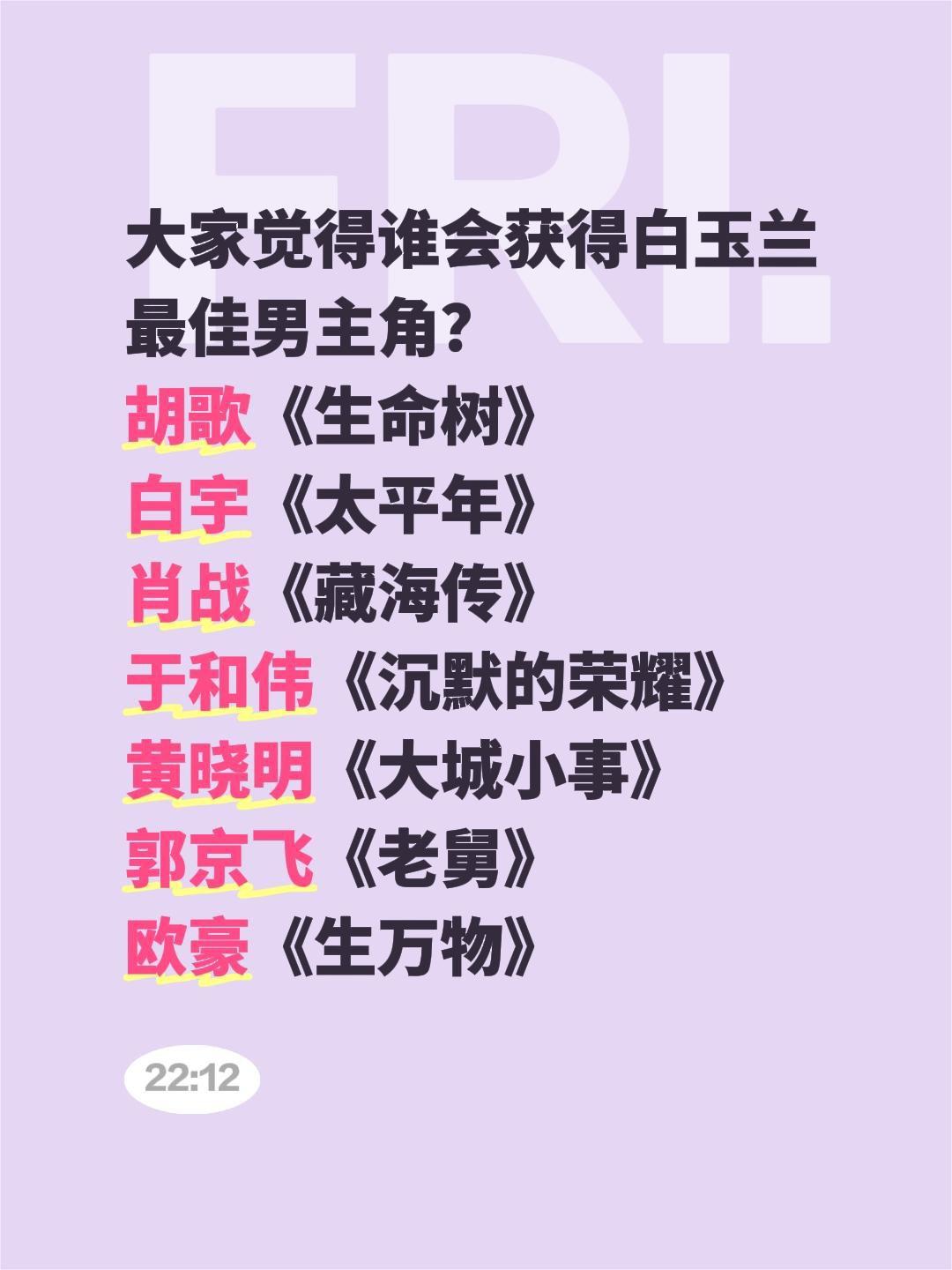 大家觉得谁会获得白玉兰最佳男主角？
胡歌《生命树》
白宇《太平年》
肖战《藏海传