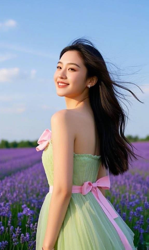 在薰衣草田中，笑靥如花，随风飘逸的裙摆，宛如童话中的仙子。