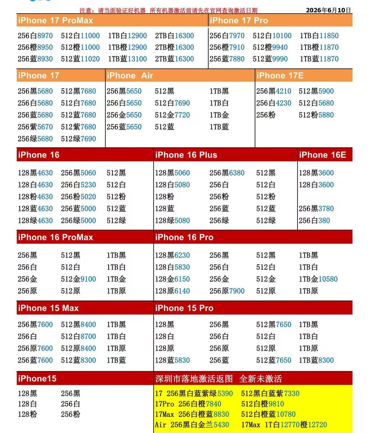 26年6月10日国行苹果手机系列价格更新，今天的17系列有涨有跌，Pro系列部分