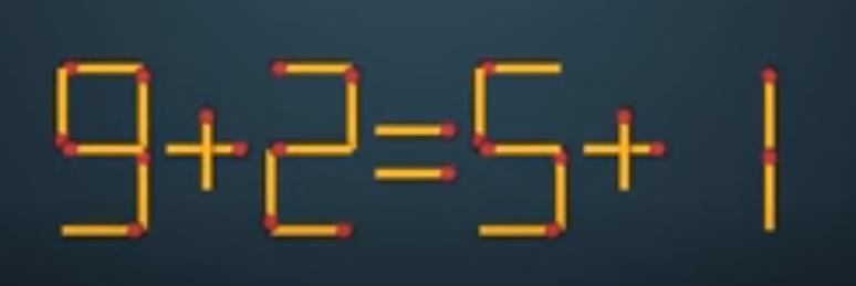 观察这张图，图中是由火柴棒组成的等式：9 + 2 = 5 + 1，显然这个等式不