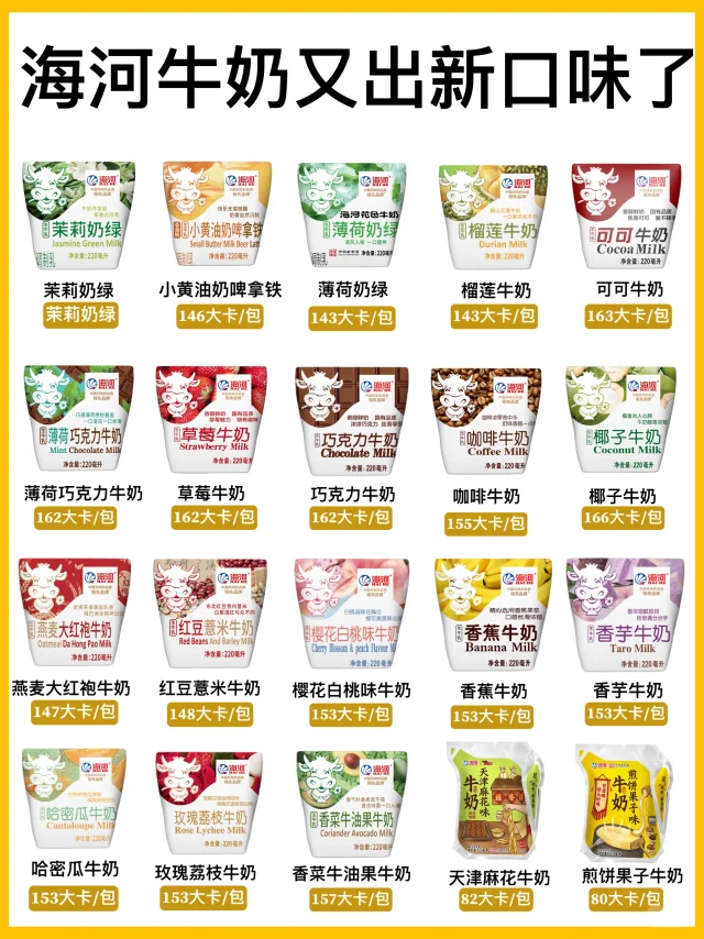 海河牛奶奇葩口味全系列🔥（附详细热量）