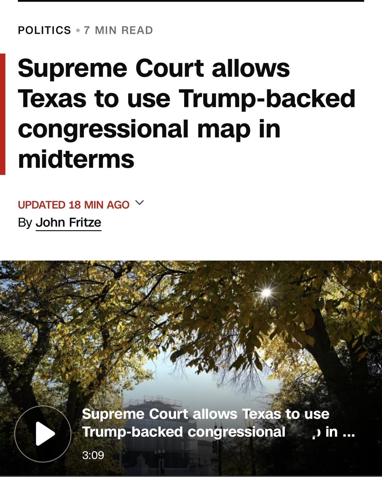 当地时间周四，美国最高法院允许德克萨斯州有利于共和党的重新划分国会选区的地图生效