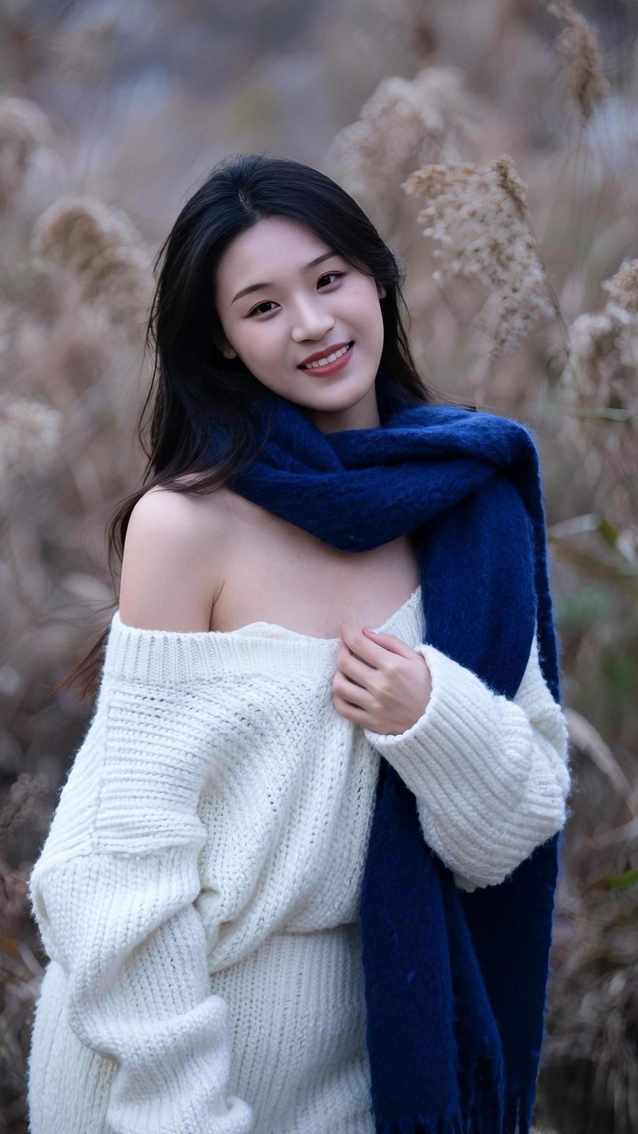 白毛衣配深蓝围巾，在枯芦丛生的野地里，她的笑意像一抹晴光，把清冷的秋冬都焐暖了。