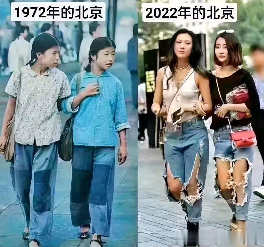 两个时代的女性的穿着非常相似，都是破破烂烂的打着补丁，但70年代是因为生活条件的