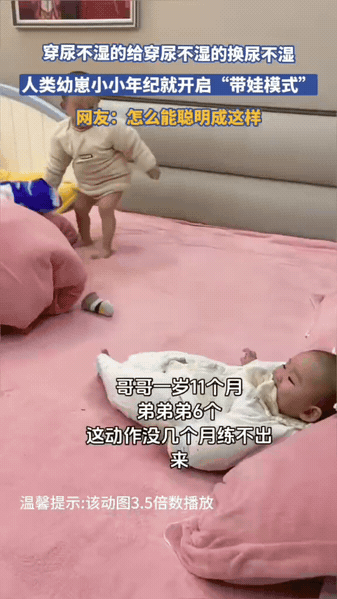 不到两岁哥哥化身小保姆，独自照顾半岁弟弟
家中半岁小宝宝安静躺在床上，快两岁的小