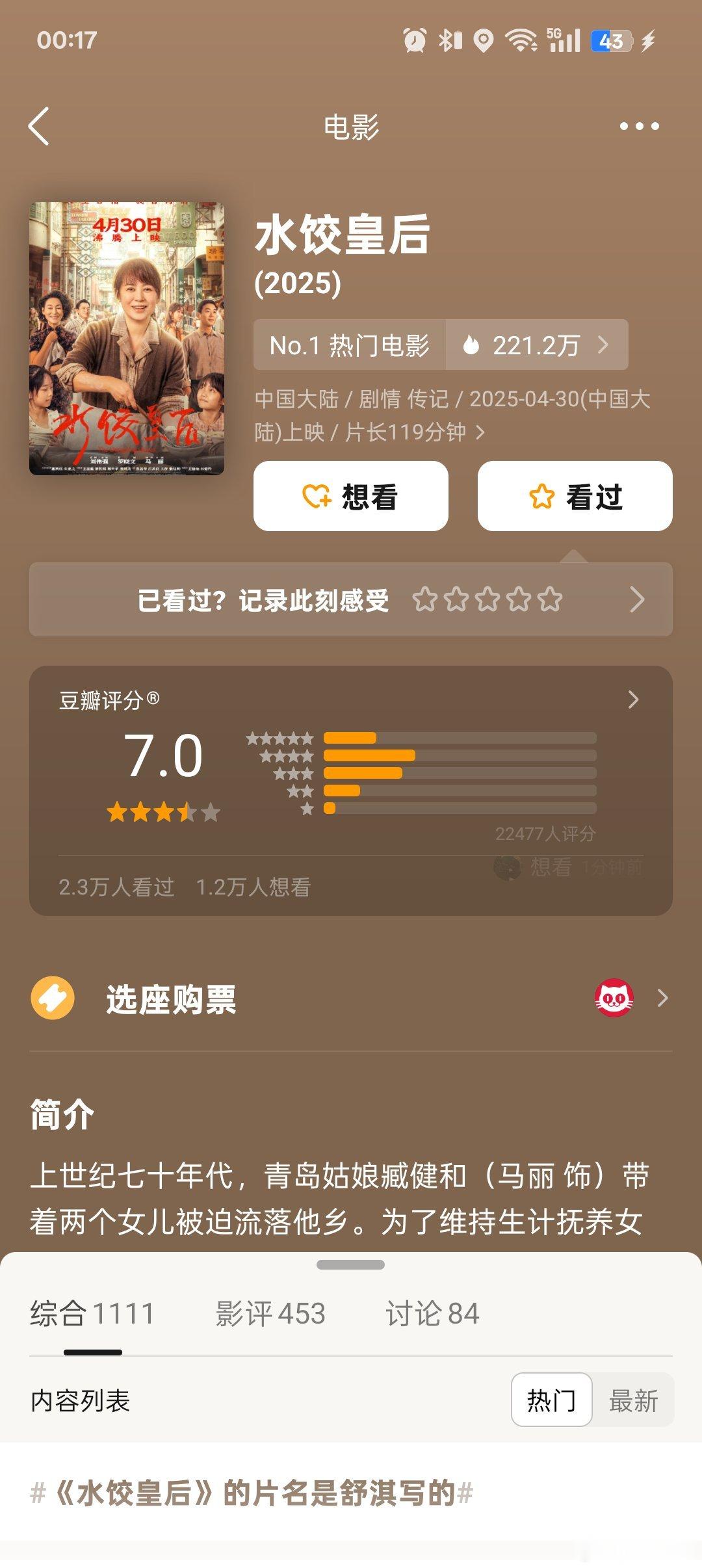水饺皇后豆瓣开分7.0分 马丽新电影《水饺皇后》豆瓣开分7.0分。 ​ ​​​