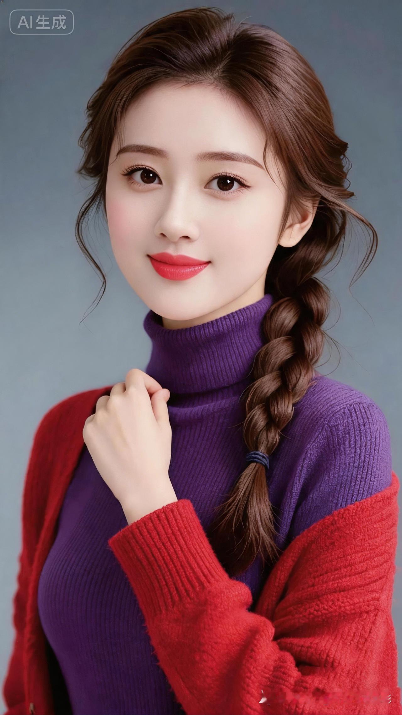 温柔甜美的少女，紫色毛衣搭配红色外套，甜美笑容，少女心爆棚！💖💕💓