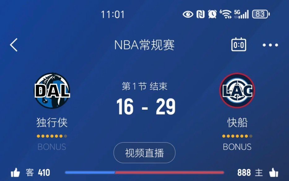 第一节结束，快船29-16独行侠！感觉现在登子的突破好轻盈，有点篮网登的感觉了独