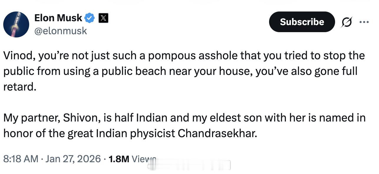 印度裔企业家Vinod Khosla骂马斯克推行“白人再次伟大”运动，然后号召特