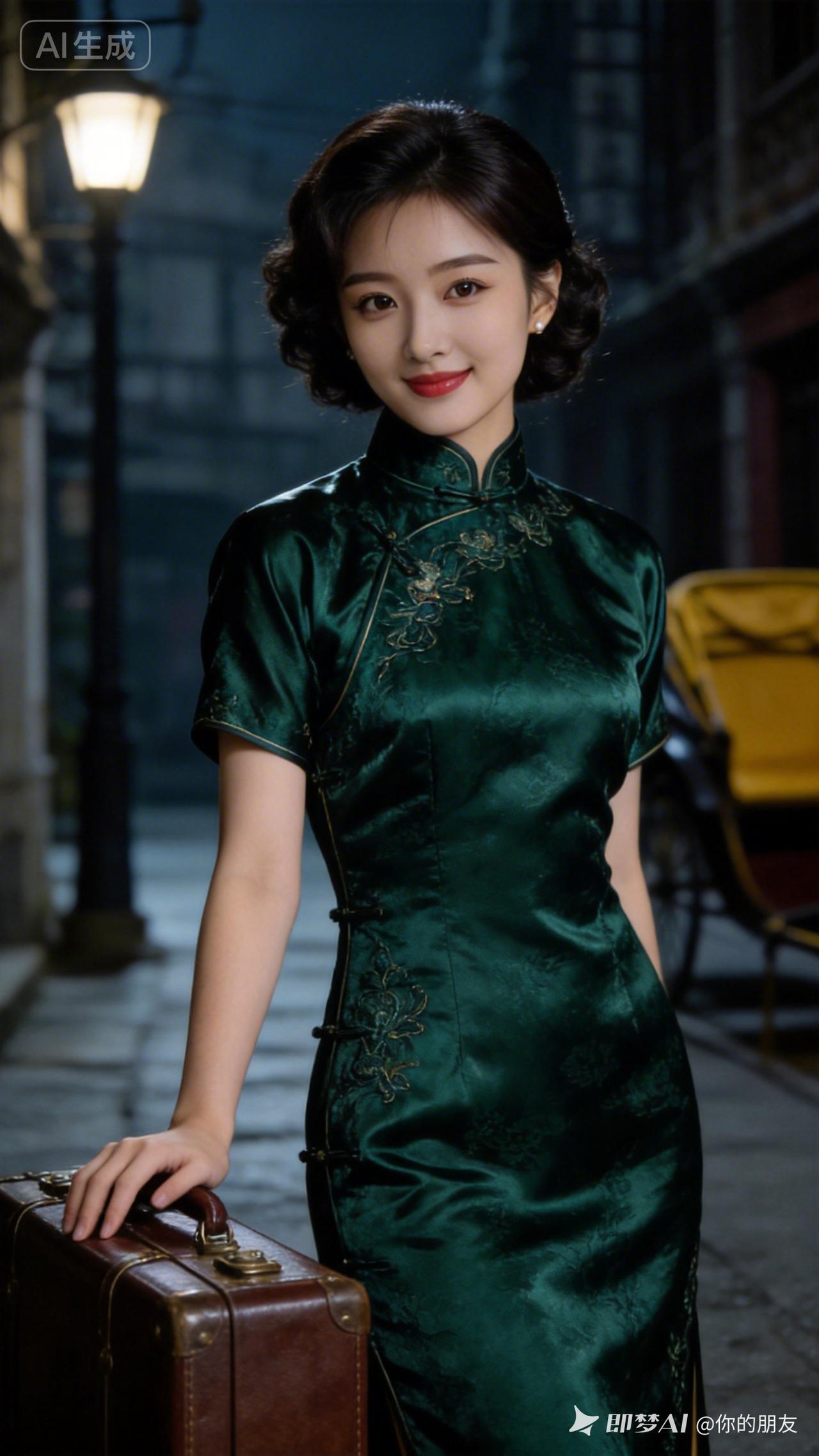 复古风情，绿衣美人与老式行李箱的完美搭配，仿佛穿越时光的优雅。