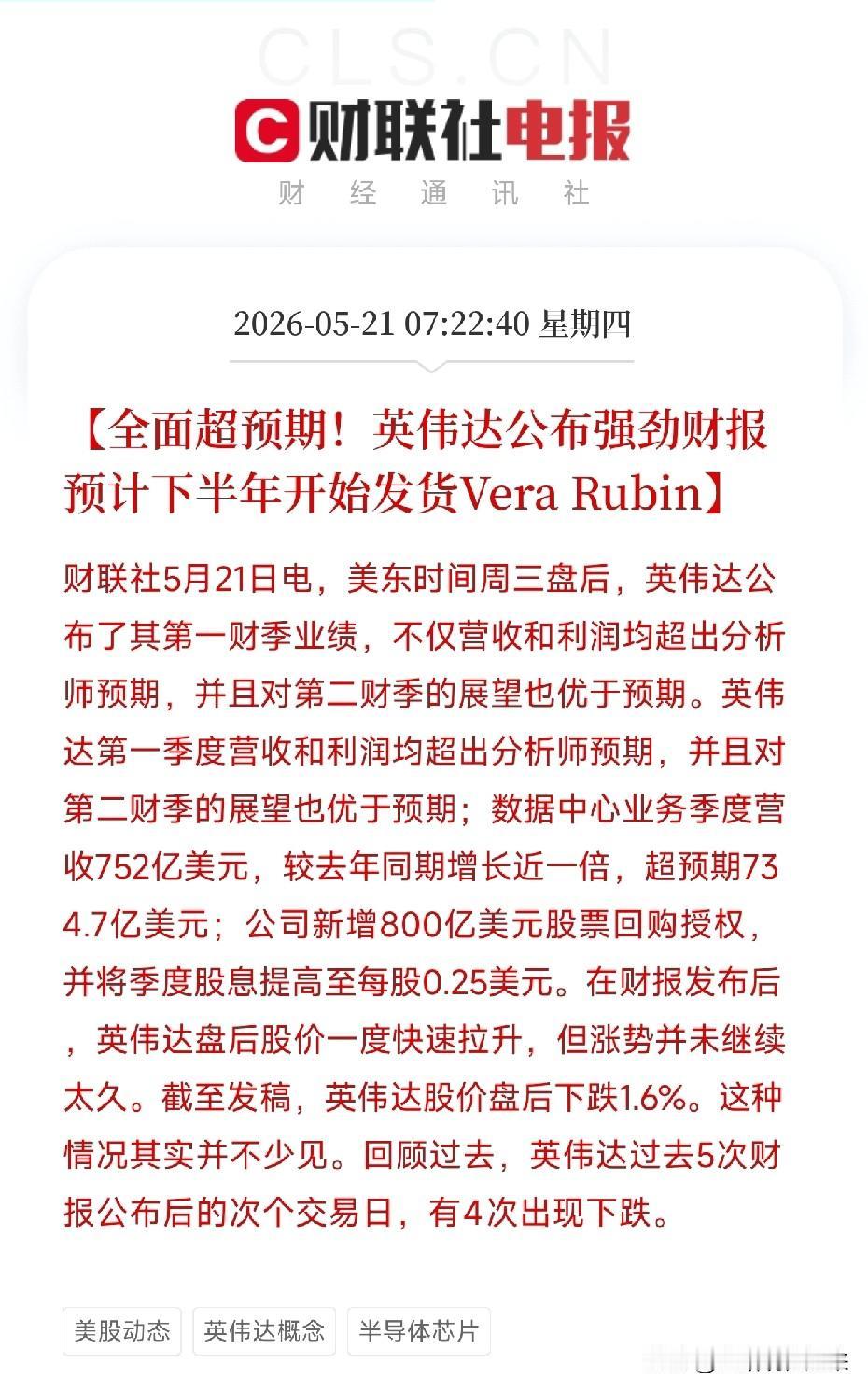 英伟达财报：Q1营收816亿美元增85%，800亿美元回购同步官宣

英伟达20