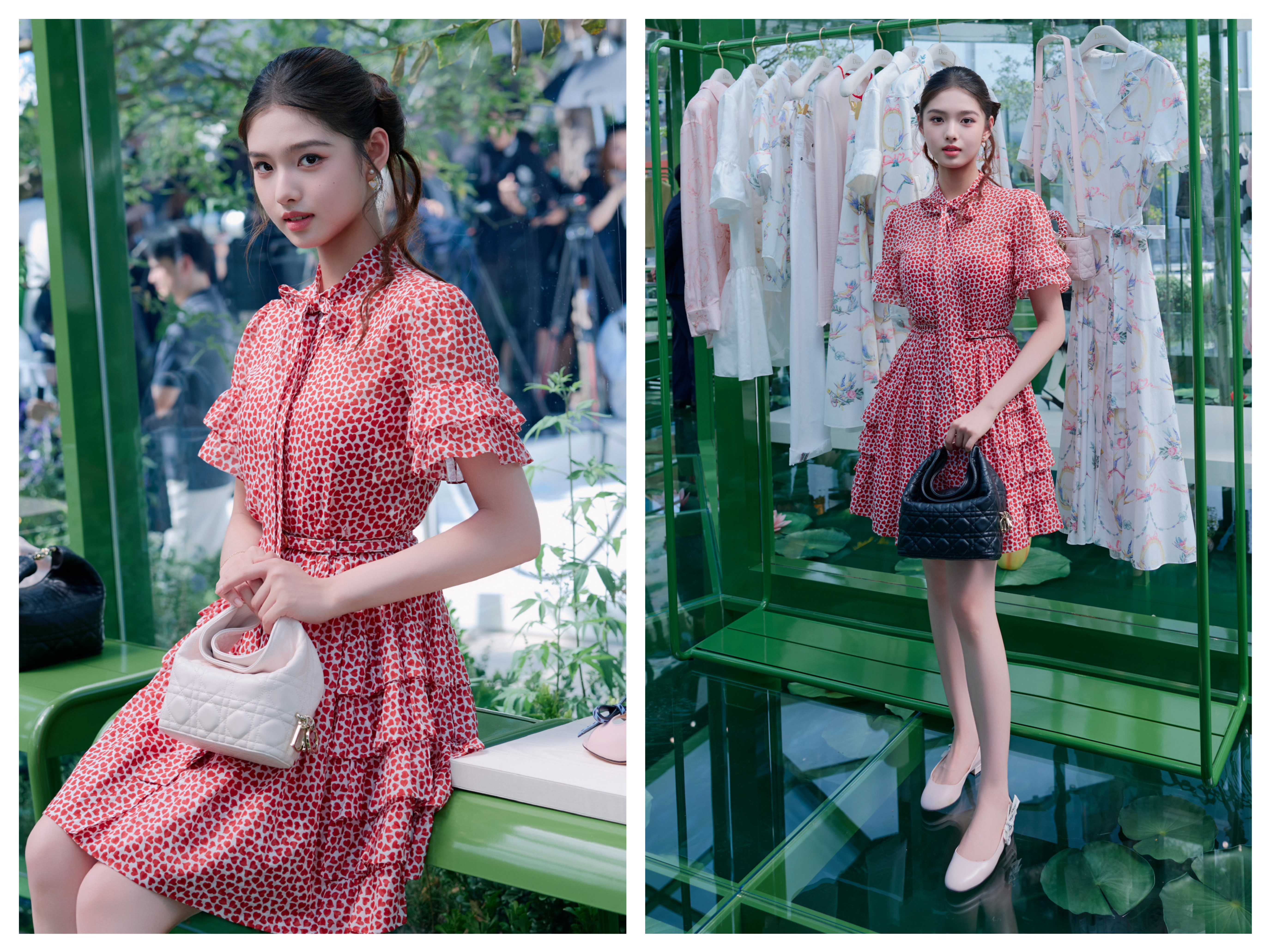 艾米 in Dior ❤️🍏💕 今日品牌活动造型图集，身着爱心印花连衣裙，轻