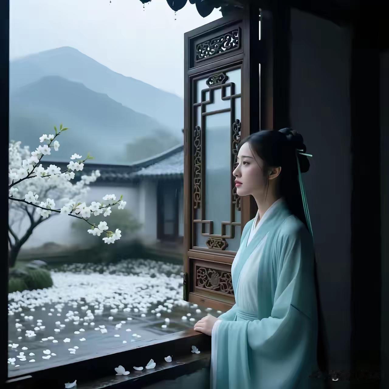 天净沙·梨花如雪
琼英满树堆霜，
疏风摇影飘芳，
雨歇晴光浅漾。
素华铺巷，
梨