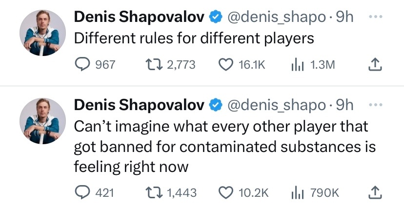 在#辛纳两次药检阳性#事件之中，沙波瓦洛夫的评论最具代表性。“无法想象其他因为类