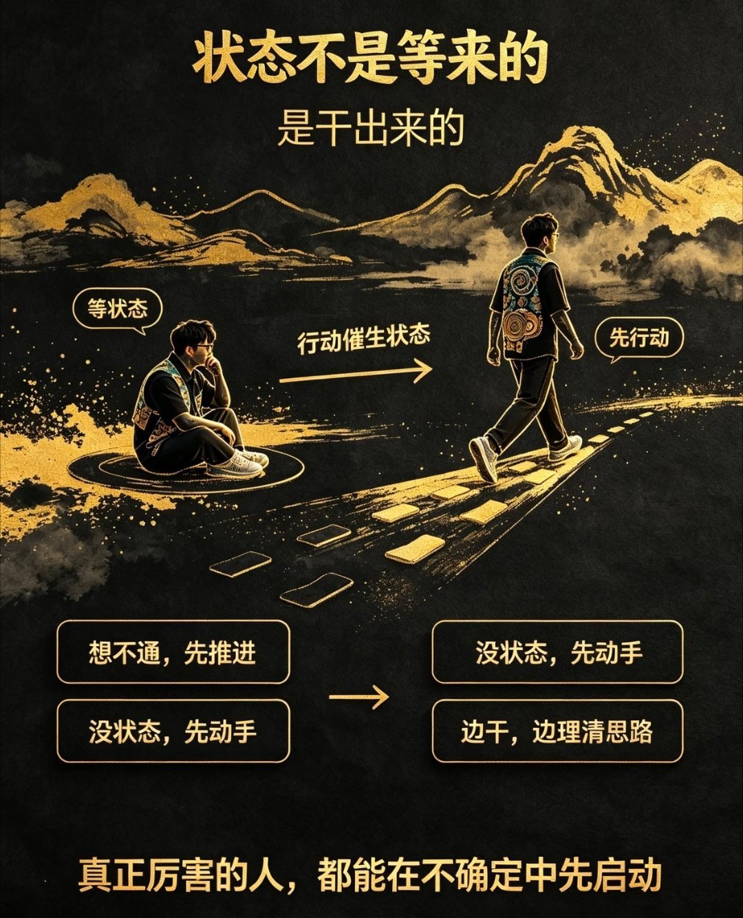 很多人做事总陷入一个误区：等准备好了、等状态到位，再开始行动。可越等越焦虑，越不