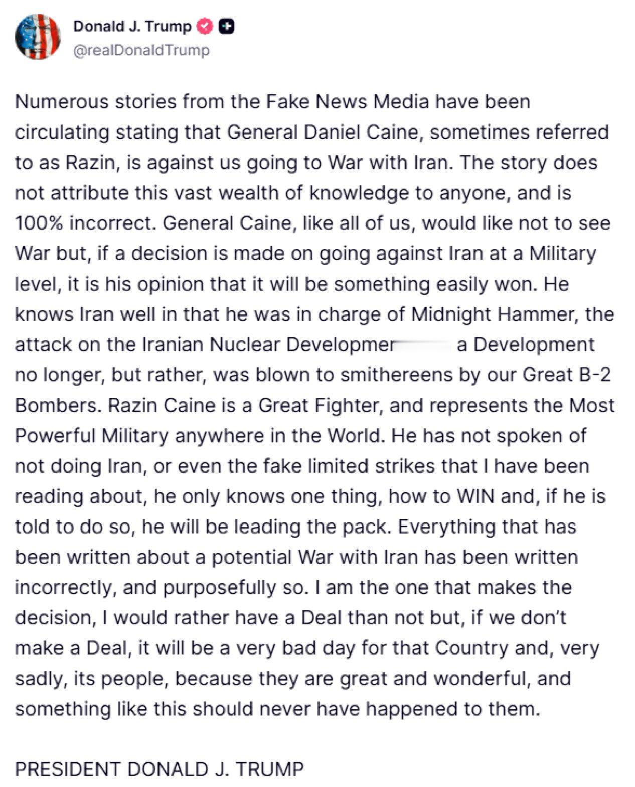 🇺🇸🇮🇷 |现在：特朗普谈伊朗：“大量假新闻报道流传，声称丹尼尔·凯恩将