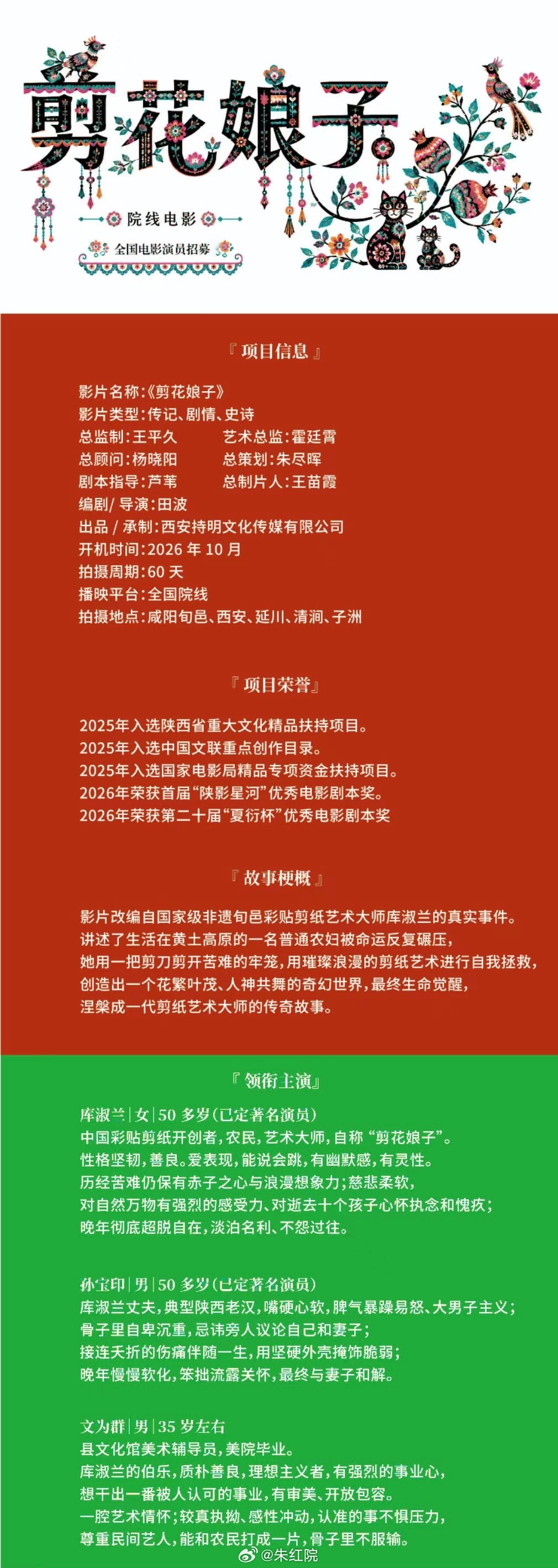 电影《剪花娘子》男女主已定著名演员导演/编剧：田波（路遥、柳青）10月咸阳、西安