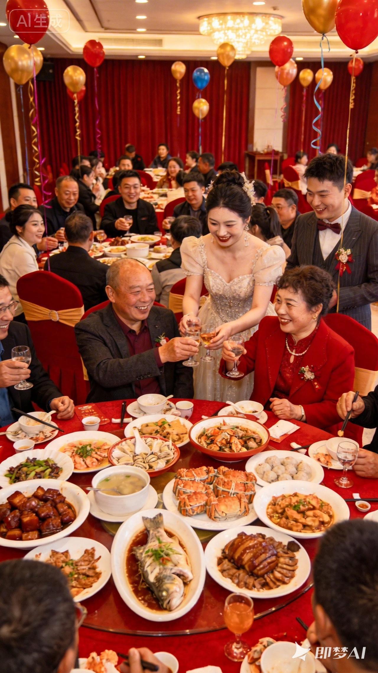 喜宴
中午参加了一对新人的喜宴，临近中午，亲朋好友陆续入场，新郎父母盛装在大门内