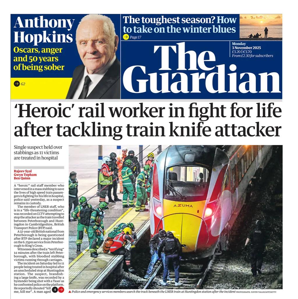 《卫报》报道，一名试图阻止持刀袭击者进行大规模刺伤的“英勇”LNER铁路工作人员