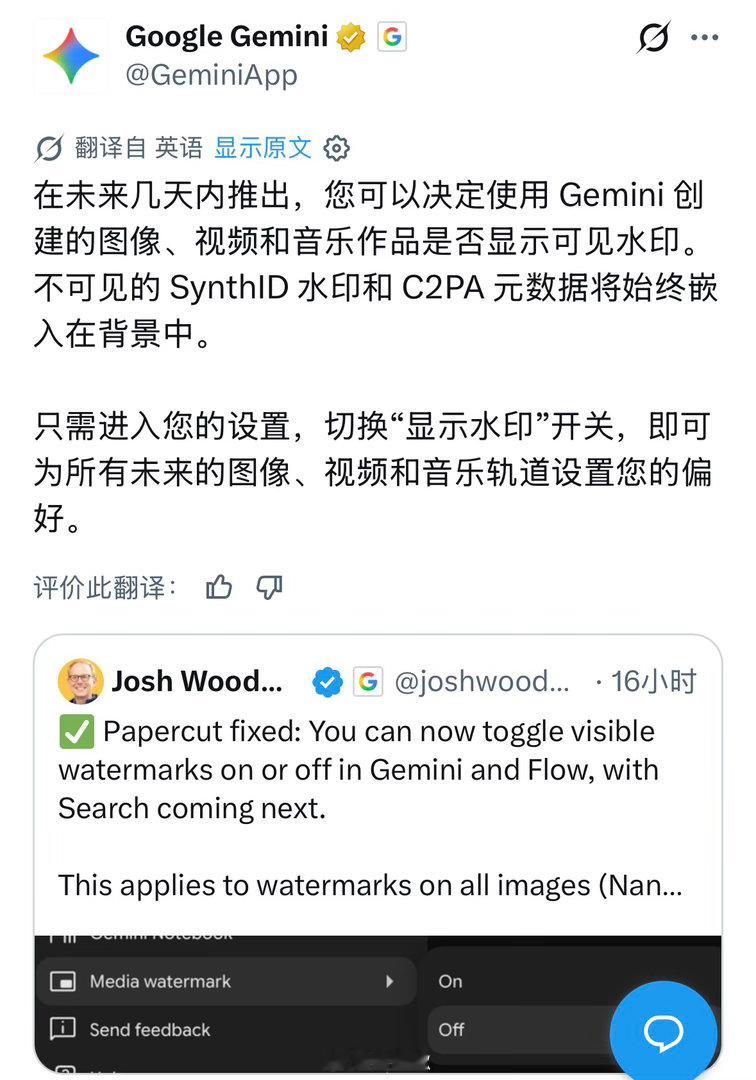 Gemini将可选去除明水印。当然，不可见水印还是有的 