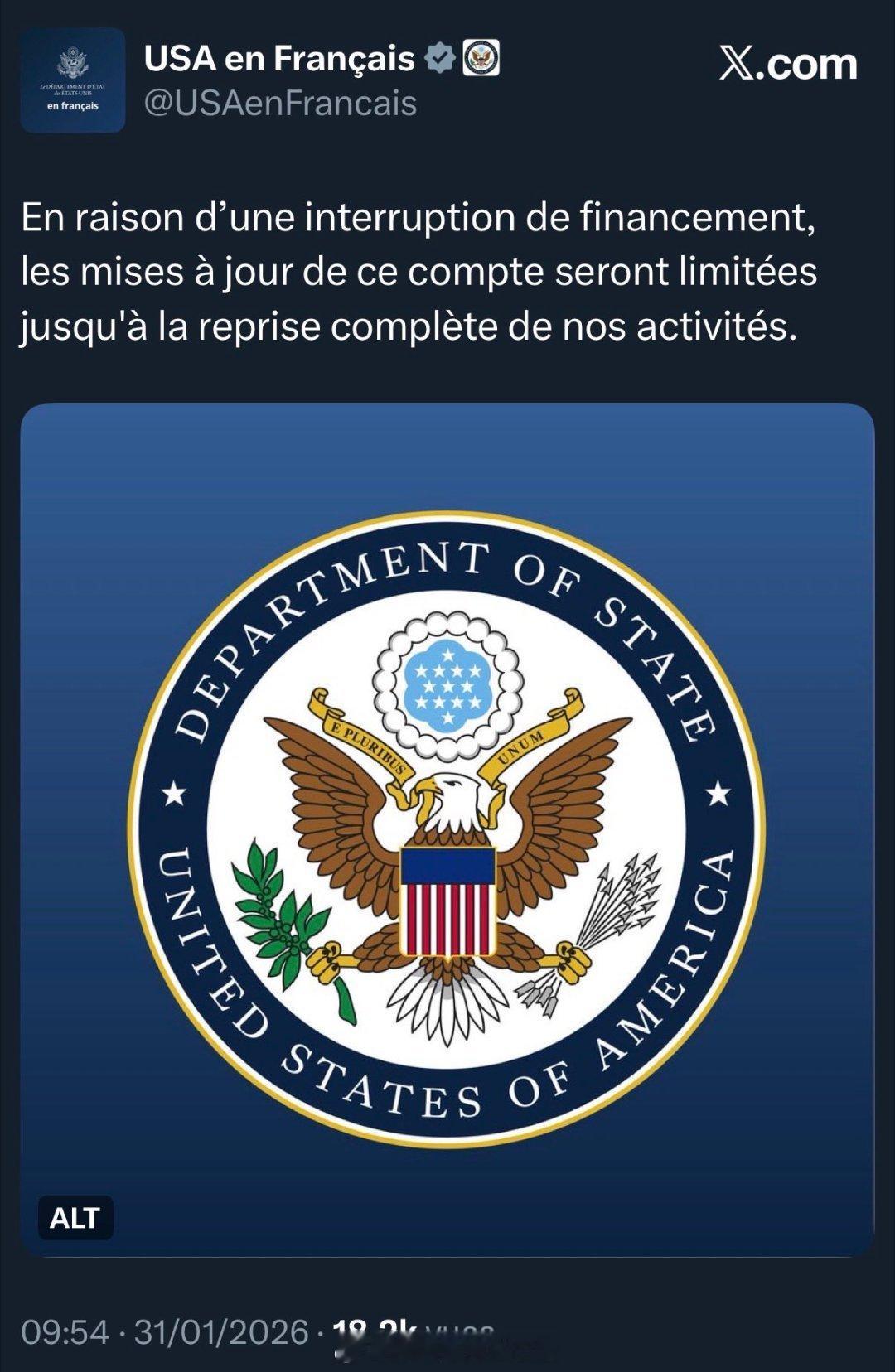 美国政府又停摆了 由于预算停摆（政府关门）导致的资金中断，美国官方法语账号的发布