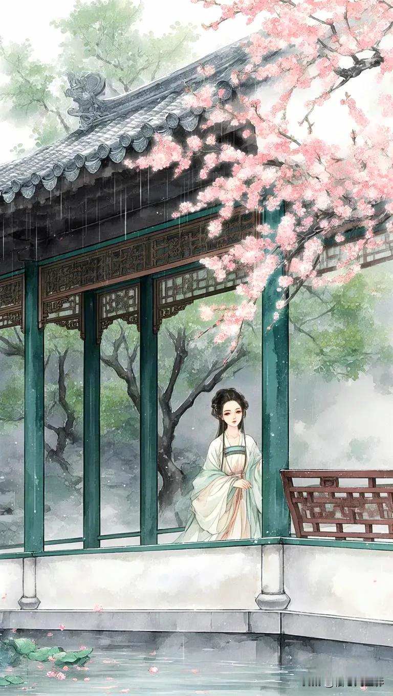 《落花泪》
雨丝轻吻娇花瓣，
水珠似泪挂蕊尖。
红线空牵终是憾，
_____尾句