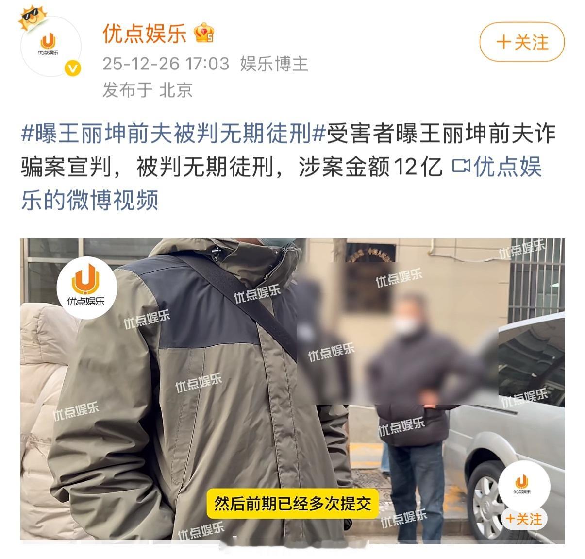 王丽坤的前夫，因为诈骗案，被判无期徒刑了 
