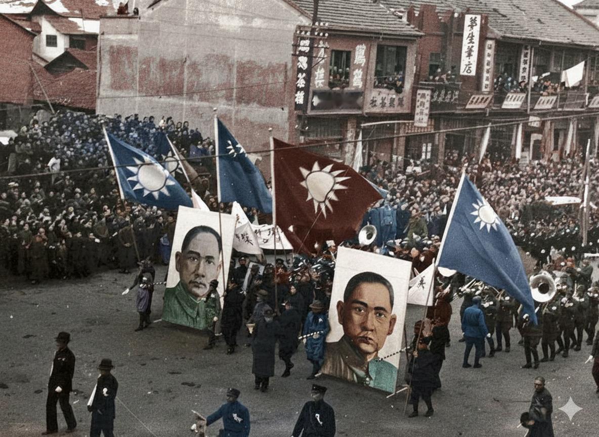 1938年初，武汉三镇举行的盛大阅兵式暨群众游行，纪念孙中山先生逝世十三周年，同