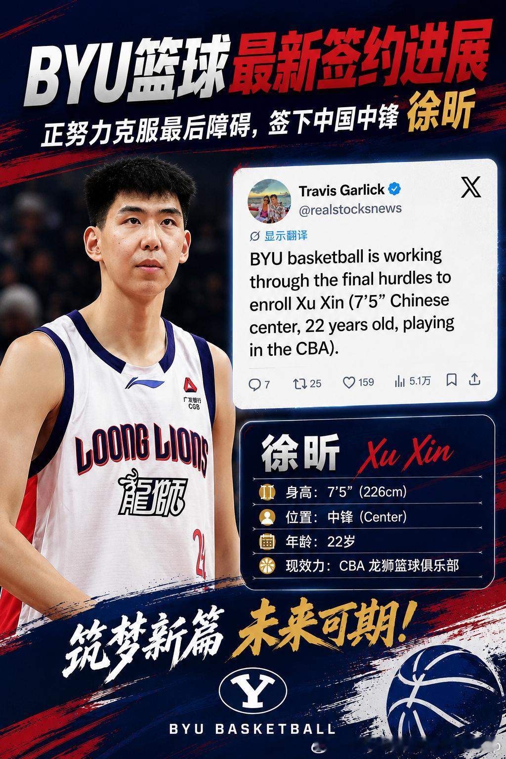 杨百翰大学持续招募徐昕中NCAA徐昕中国男篮