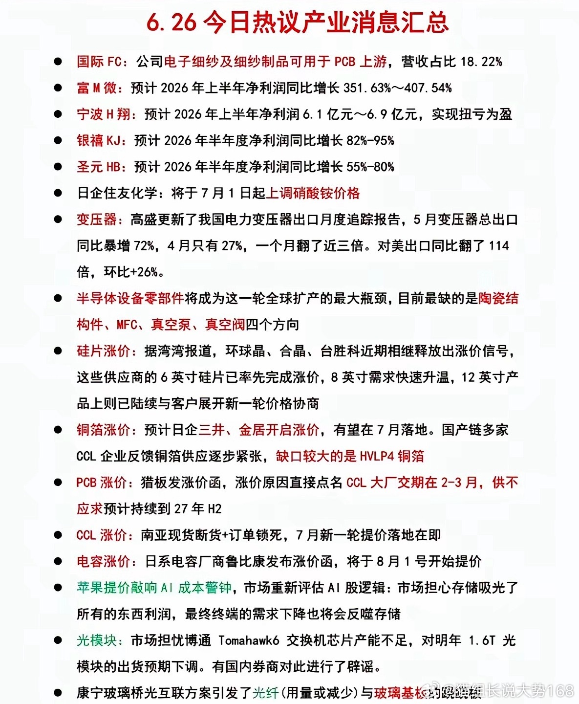 6.26周五  晚间：财经热点汇总！1.半导体硅片2.PCB涨价3.CCL断货4