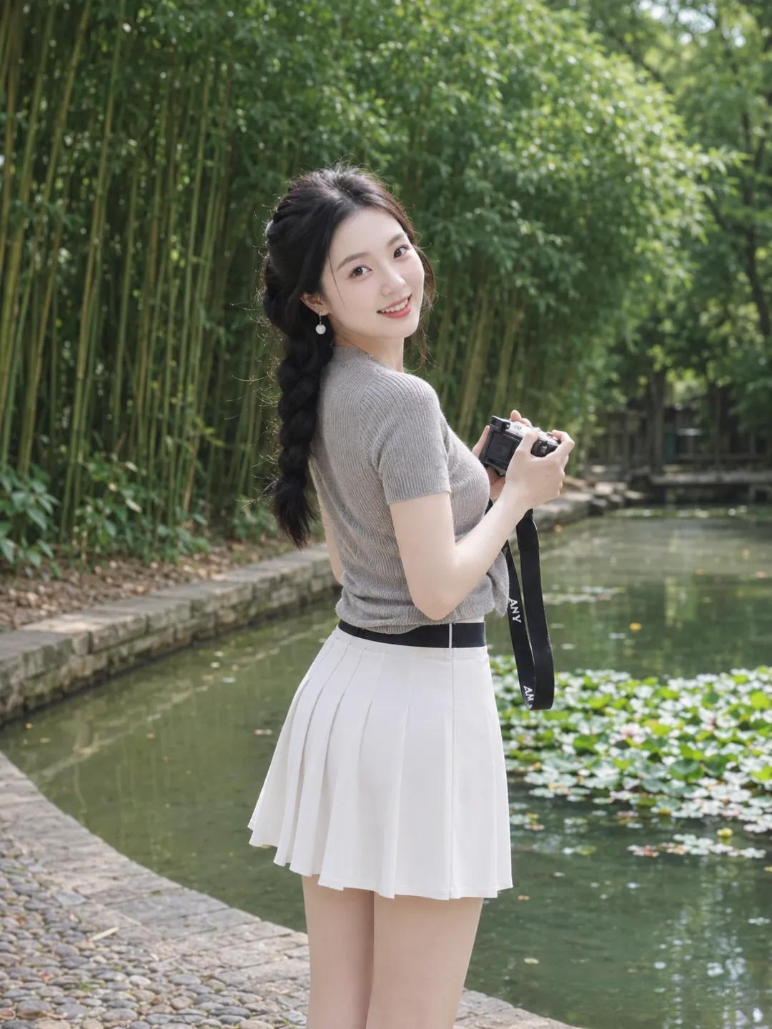 竹林中的少女，手持相机，微笑如花。