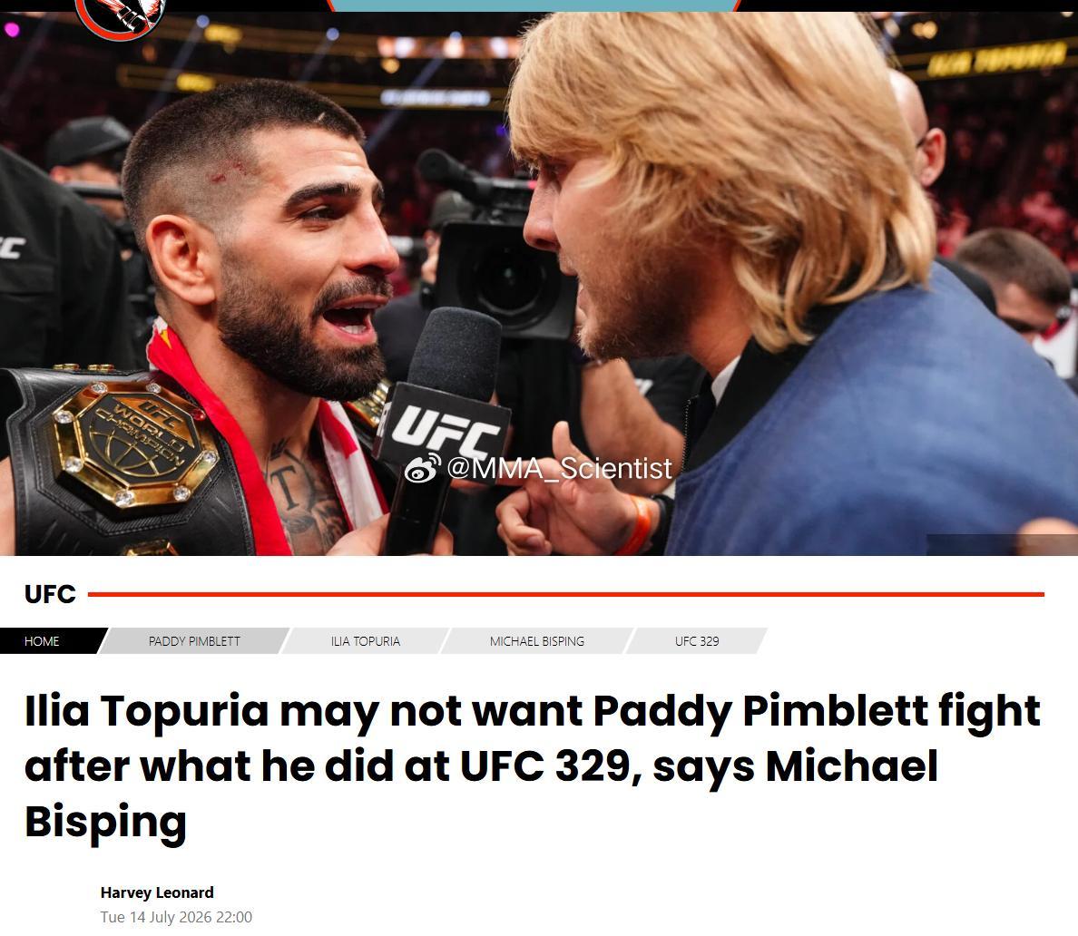 “比爵爷”迈克尔-比斯平(Michael Bisping)怀疑，“英国古惑仔”帕