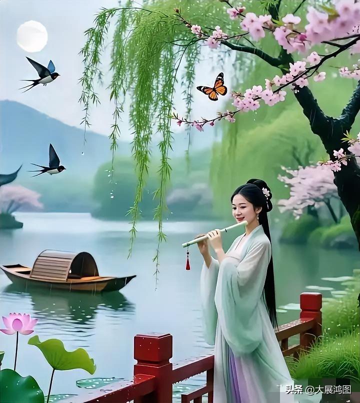 悠然惬意地吹箫赏花，着实能让人梦回古风之境。想象自己身处古色古香的庭院，四周繁花