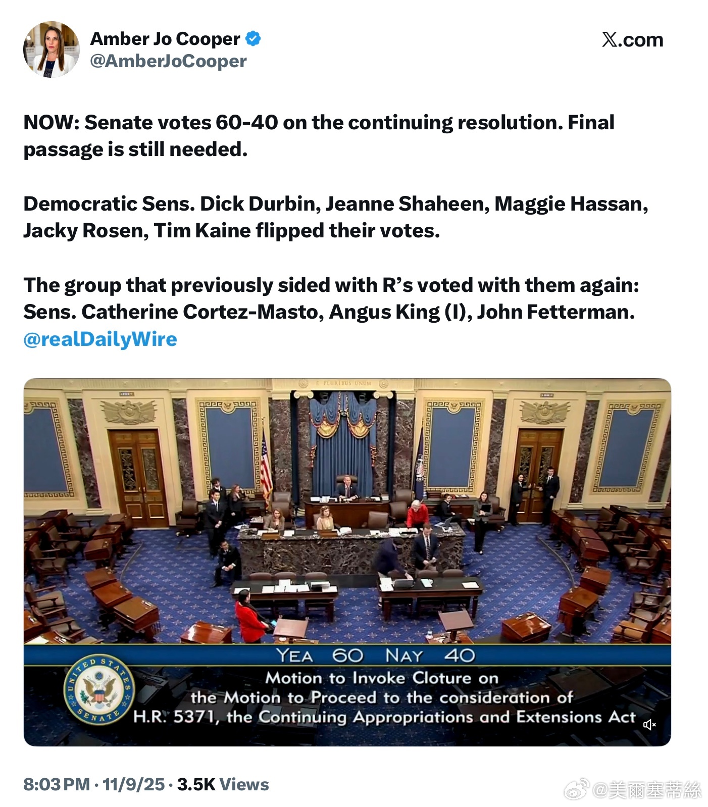 終於拿到所需要的60票。要注意的是這只是一個程序性投票，還需要進行最終投票，不過