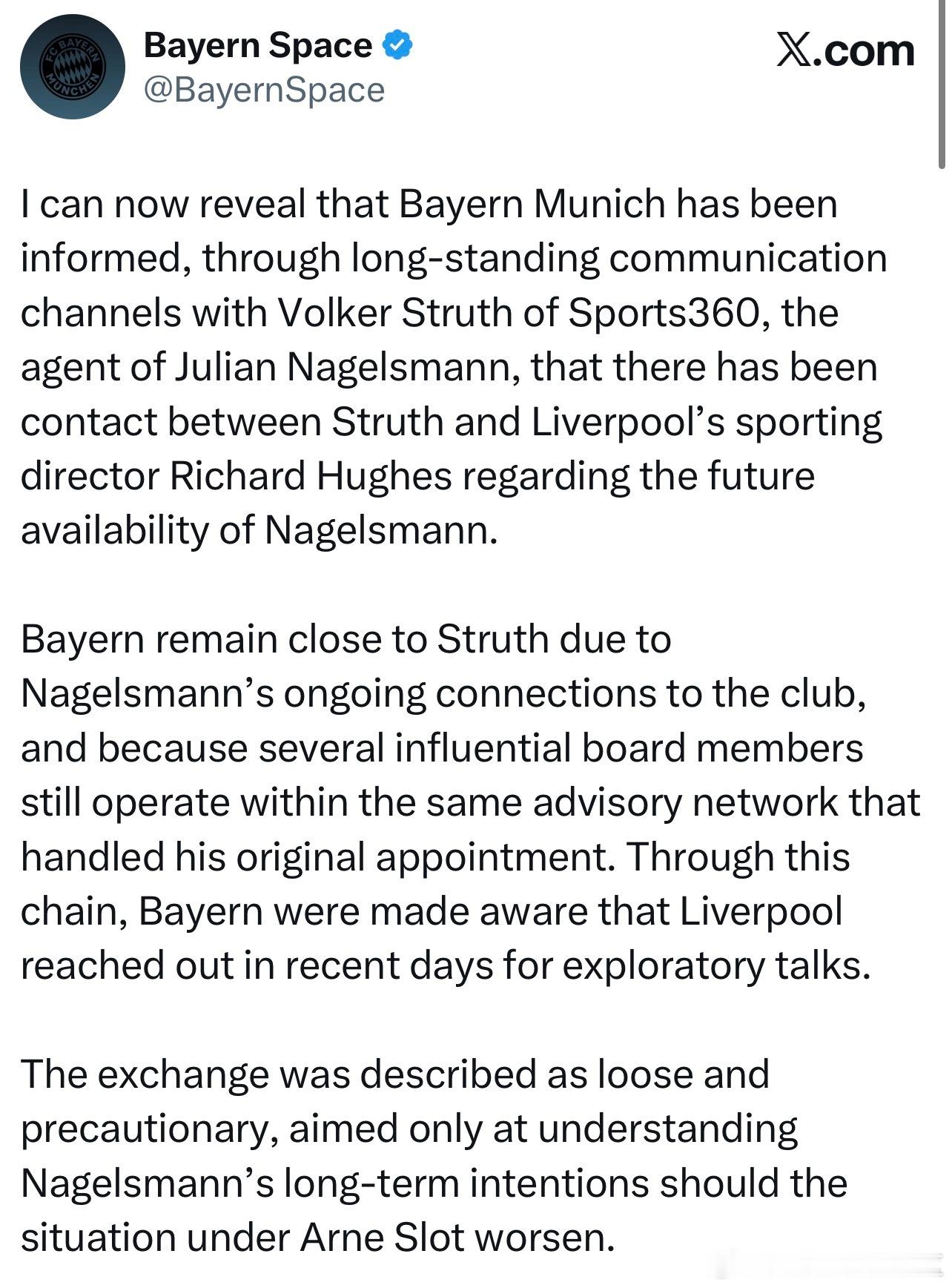 今天消息比较多1. 之前的那个拜仁爆料账号这次发了我军和纳格尔斯曼的传闻，由于拜