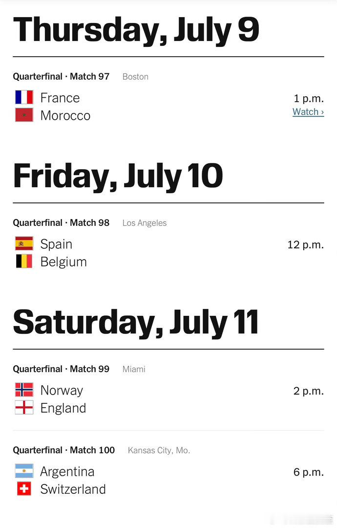 世界杯周三停一天四、五、六的⚽️八强赛程（美东时间） 