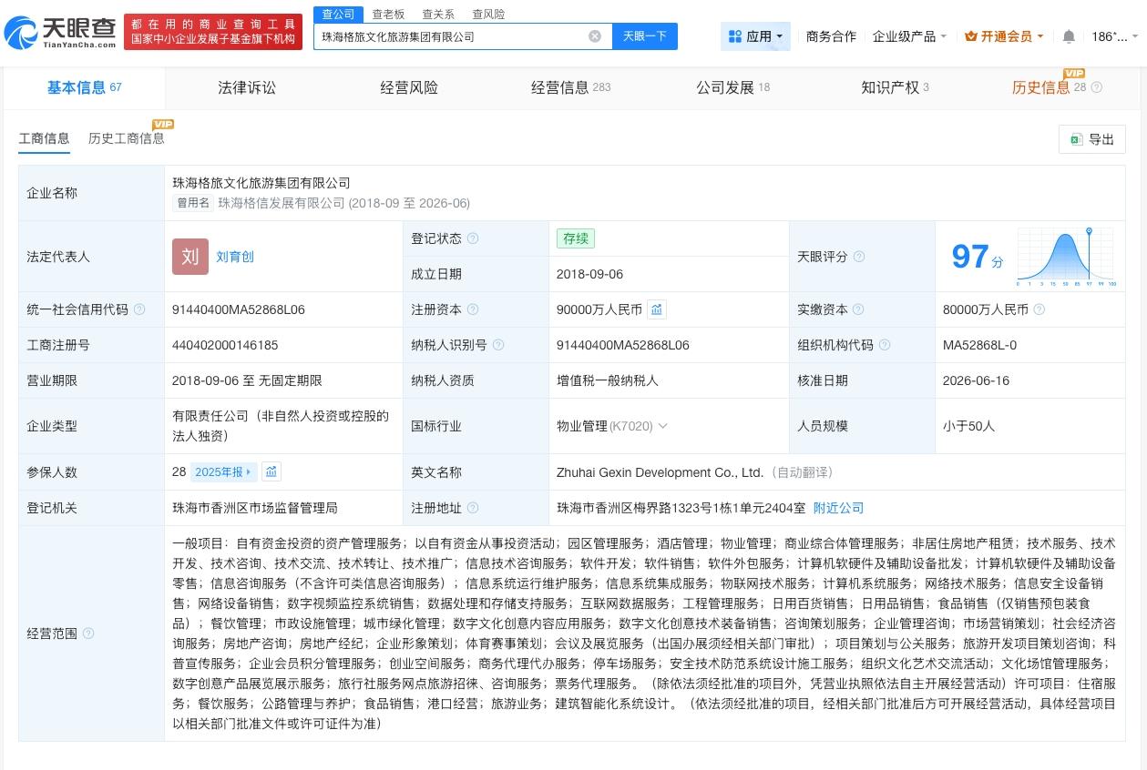 格力集团旗下格信发展公司更名格旅文化旅游集团
天眼查App显示，近日，珠海格信发